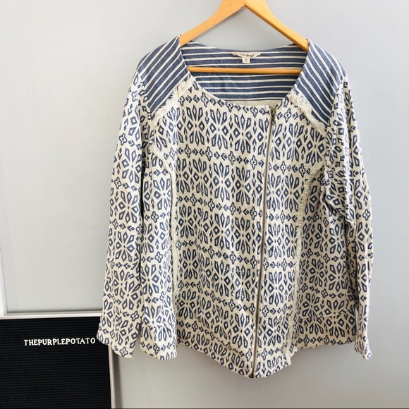 Lucky Brand Jackets & Blazers - Lucky Brand Cream/Blue Patterned Cotton Jacket